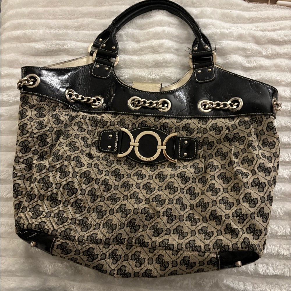 vintage Guess monogram canvas and black patent leather shoulder bag/tote.